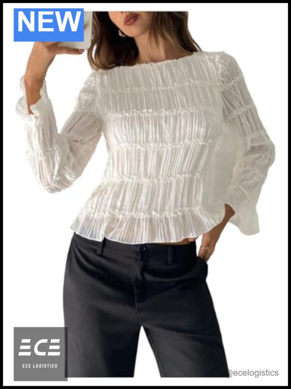 Women's Lace Trim Ruffle Hem Long Sleeve Chiffon Blouse Dressy Casual Top
